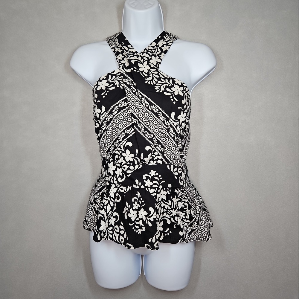 Loft Womens Black White Criss Cross Halter Peplum Top Size 12 NWOT
